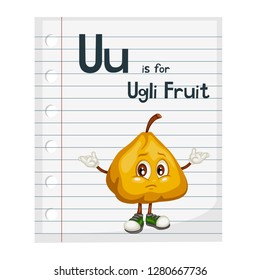 Illustrated Vocabulary Card with Letter Y and Ugli Fruit. Cartoon Paper Page. Ready for Print Paper. Vector Fruits and Veggies Alphabet. Educational Cards