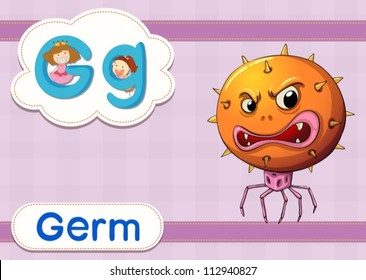 Illustrated vocabulary card with letters