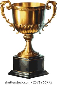 Illustrated watercolor realistic golden trophy cup isolated on white background