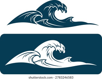 Illustrated wave crashing over a dark blue ocean background, dynamic and powerful vector design.