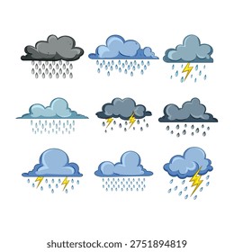 Illustrated weather symbols featuring different types of clouds dropping rain and lightning, representing diverse meteorological phenomena from light showers to heavy thunderstorms