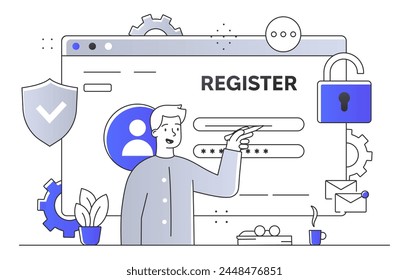 Illustriertes Webseitenregistrierungskonzept mit Zeichen, die auf das Passwort zeigen, flacher Grafikstil auf weißem Hintergrund, Hervorhebung der Online-Sicherheit. Liniengrafik-Stil Vektorillustration