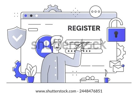 Illustrated webpage registration concept with character pointing to password field, flat graphic style on white background, highlighting online security. Line art style Vector illustration