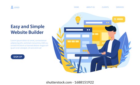 Illustrated website builder design concept with man on laptop. Vector illustration