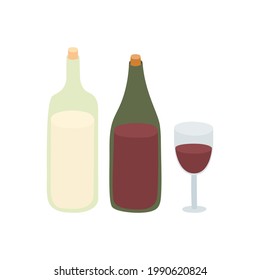 Botellas de vino tinto y blanco ilustradas con un vaso. Dibujos planos y coloridos, sencillos y lindos. Vector aislado sobre fondo blanco.