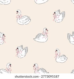 Illustrated white swans with bows seamless pattern in tattoo style Vector white birds on beige background.  Coquette repeat background, swan illustration in sketched style for fabric or wallpaper
