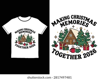 Illustrated white tshirt with festive cabin house surrounded by trees and gifts text