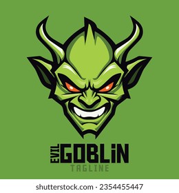 Goblin verde malvado ilustrado: Logotipo, mascota, ilustración, gráfico vectorial para cuadras competitivas de juego, cabeza de mascota de Goblin enfurecida
