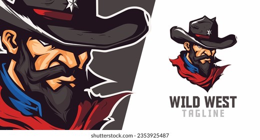 Illustrated Wild West Cowboy Logo, Mascot, Illustration, and Vector Graphics for Sport and E-Sport Gaming Teams, showcasing a Western Bandit Mascot Head.
