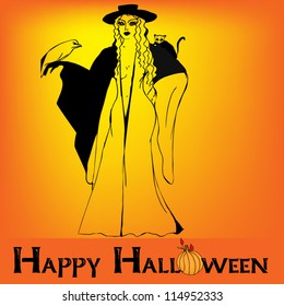 illustrated witch with a crow and a cat on her shoulders - vector illustration