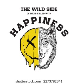 An illustrated wolf and happy face icon with hand drawn style, featuring slogans that evoke outdoor adventure, free spirit, and wildlife