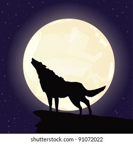 illustrated wolf howling on a rock at full moon in the night sky. artwork