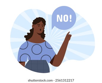 An illustrated woman in a blue patterned shirt with dark curly hair, raising her hand with a "No" speech bubble above, set against a light blue radial background for emphasis. Vector illustration