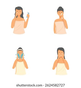 Illustrated woman cleansing, moisturizing, and applying skincare treatments