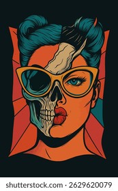 Illustrated woman face combined with skull art creates an edgy graphic This striking image is great for unconventional style and design projects.