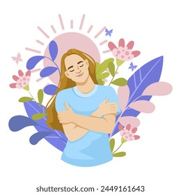 An illustrated woman hugging herself, surrounded by flowers and leaves against a pastel background, conveying self-love. Vector illustration