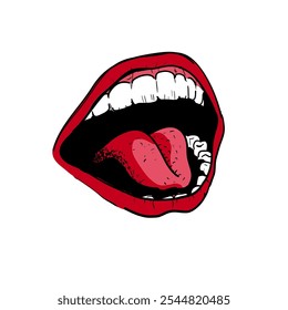 Illustrated woman mouth wide open ready to eat. Red smiling lips with tongue sticking out. Flawless teeth - good dental care.