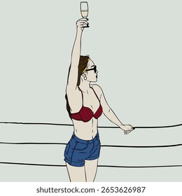 Illustrated woman raising a glass in a celebratory toast