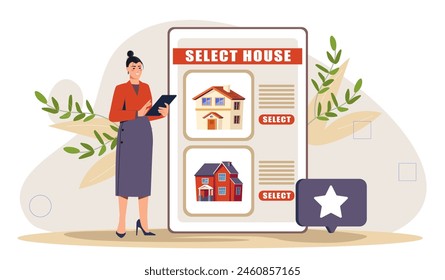 Illustrated woman selecting a house on a large smartphone interface, with a stylized backdrop, representing the concept of online house hunting. Flat cartoon vector illustration