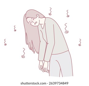 An illustrated woman, visibly showcasing fatigue and profound exhaustion, capturing a genuine moment of low energy