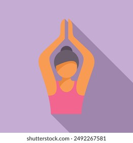 Illustrated woman in a yoga pose with hands in prayer position against a purple background