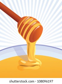 Illustrated wooden spoon of honey with beams background