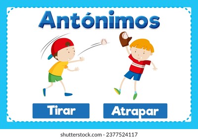 Illustrated word card with antonyms in Spanish language means to throw and to catch