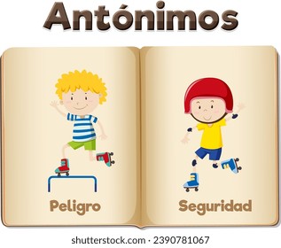 Illustrated word card with antonyms in Spanish means danger and safety