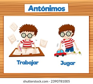 Illustrated word card with antonyms Trabajar and Jugar in Spanish means work and play