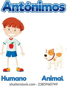 Illustrated word card depicting the antonyms 'humano' and 'animal' in Spanish