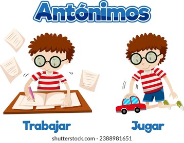 Illustrated word card featuring antonyms Trabajar and Jugar in Spanish means work and play