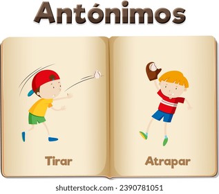 Illustrated word card featuring antonyms Tirar and Atrapar in Spanish means to throw and to catch