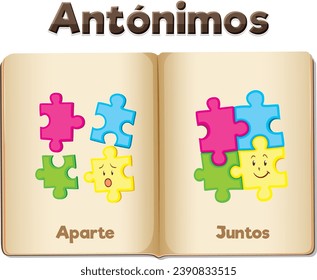 Carte de mots illustrée avec les noms d'antonymes Aparte et Juntos en espagnol signifient séparément et ensemble