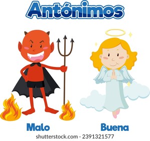 Illustrated word card featuring antonyms in Spanish means bad and good