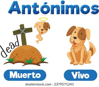 Illustrated word card in Spanish featuring antonyms Muerto and Vivo means dead and alive