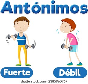 Illustrated word cards in Spanish for teaching antonyms Strong and Weak