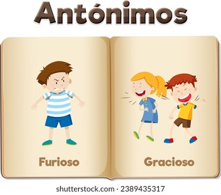 Illustrated word cards in Spanish for teaching antonyms furious and funny