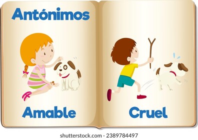 Illustrated word cards in Spanish for teaching the antonyms 'Kind' and 'Cruel'