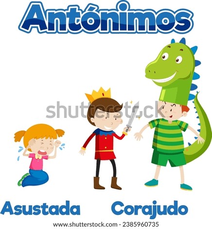 Illustrated word cards in Spanish for teaching antonyms Afraid and Brave