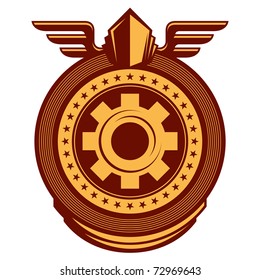 Illustrated working emblem with cogwheel. Vector illustration.