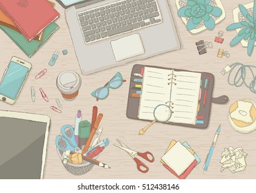 Illustrated workplace organization. Top view with textured table, laptop,smart phone, notepad, stickers, glasses,  diary and coffee mug. Desk vector illustration of office stationery