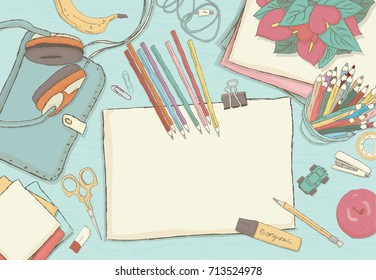 Illustrated workplace organization. Top view with textured table,  notepad, stickers, scissors, diary and earphones. Desk vector illustration of office stationery