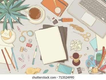 Illustrated workplace organization. Top view with textured table, laptop,smart phone, notepad, stickers, glasses, diary and coffee mug. Desk vector illustration of office stationery