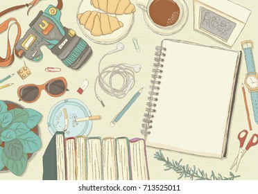 Illustrated workplace organization. Top view with textured table,camera, books, notepad, stickers, glasses, diary and coffee mug. Desk vector illustration of office stationery