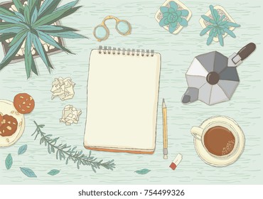 Illustrated workplace organization. Top view with textured table,green branches and leaves, cookies, notepas, pencil,   glasses and coffee mug. Desk vector illustration of office stationery.