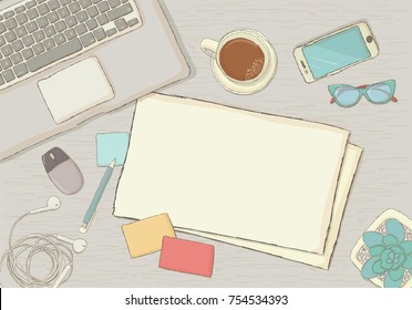 Illustrated workplace organization. Top view with textured table,phone, books, notepad, stickers, glasses, diary , coffee mug, plants. Desk vector illustration of office stationery.