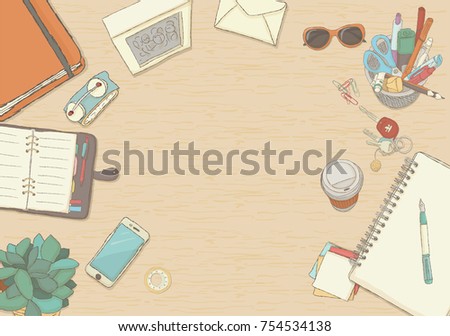Illustrated workplace organization. Top view with textured table,phone, books, notepad, stickers, glasses, diary , coffee mug, plants. Desk vector illustration of office stationery.