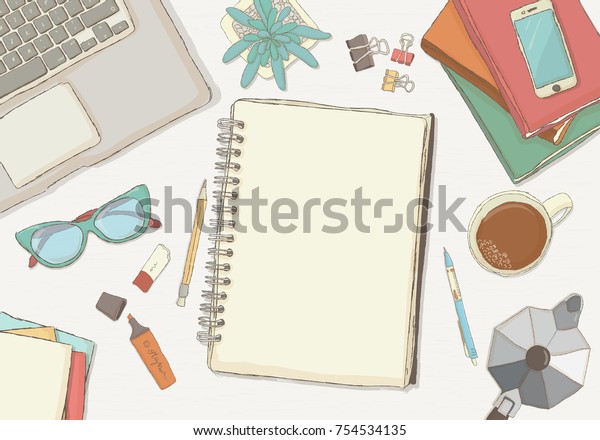 Illustrated workplace\
organization. Top view with textured table,phone, books, notepad,\
stickers, glasses, diary , coffee mug, plants. Desk vector\
illustration of office\
stationery.
