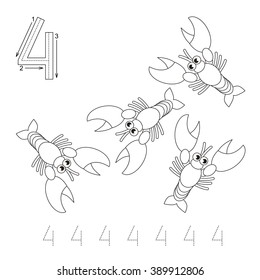 Illustrated worksheet. Learn handwriting. Page to be colored. Tracing worksheet for figure Four
