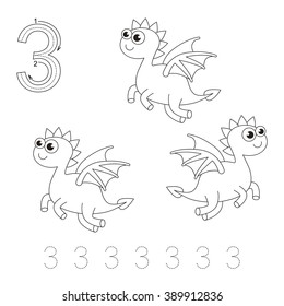 Illustrated worksheet. Learn handwriting. Page to be colored. Tracing worksheet for figure Three